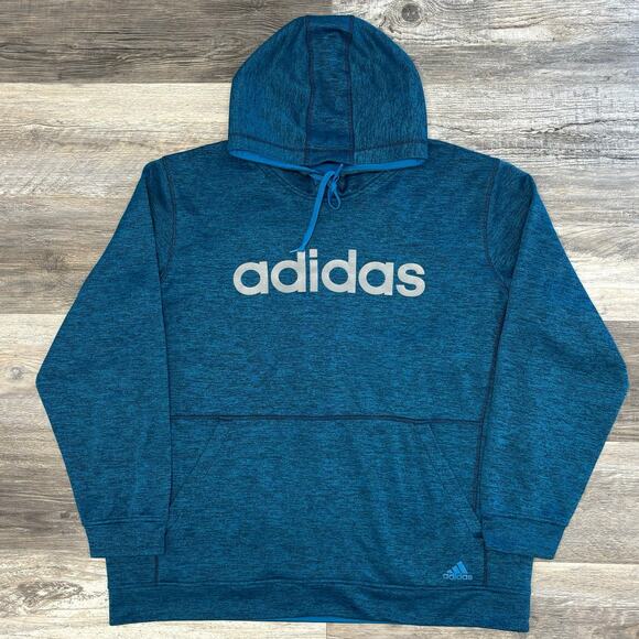 Adidas Climawarm Blue Mens 2XL Spellout Fleece Lined Pullover Hoodie Sporty‎ - Picture 1 of 9